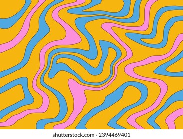 Trendy groovy hippie 70s abstract striped line background. Contour comic vector illustration.