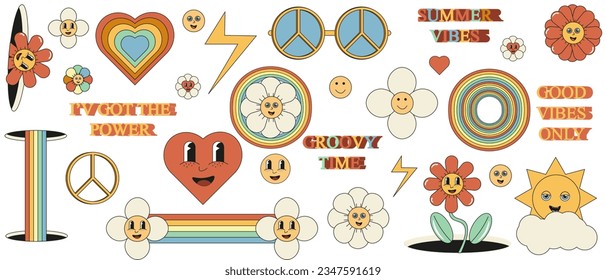 Trendy Groovy hippie 70s set. Funny Cartoon flower, rainbow, peace, heart, daisy. Sticker pack for notepad in Trendy Retro Psychedelic Cartoon style isolated on white background. Vector illustration. 