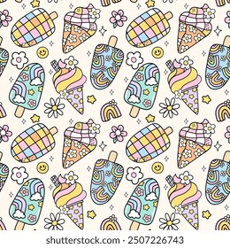 Trendy Groovy Ice cream Seamless Pattern Retro Pastel Summer Popsicle repeat background