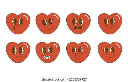 Trendy Groovy lovely hearts stickers. Retro Valentines day.Love concept. Funky happy heart character in trendy retro 60s 70s style. Vector illustration