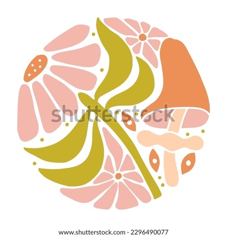 Trendy groovy mod tee print with flower san mushroom in trendy nostalgic 60s 70s style. Psychedelic isolated concept, Vintage style Hand drawn flat vector illustration.