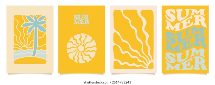 Trendy groovy palm tree beach with sun and sea cards set. Surf club vacation and sunny summer day in boho aesthetic. Vector flat illustration background in trendy retro naive simple style.