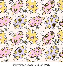 Trendy Groovy Popsicle Seamless Pattern Pastel Colorful Retro Summer Ice Cream Design