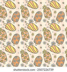 Trendy Groovy Popsicle Seamless Pattern Retro Summer Ice Cream repeat background