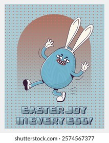 Trendy Groovy retro 70s easter posters with Gloved egg in bunny ears and inscription easter joy in every egg. Funky old vintage cartoon characters and elements.