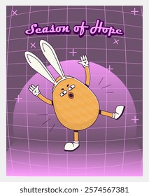 Trendy Groovy retro 70s easter posters with Gloved egg in bunny ears and inscription season of hope. Funky old vintage cartoon characters and elements.