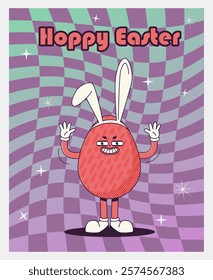 Trendy Groovy retro 70s easter posters with Gloved egg in bunny ears and inscription hoppy easter. Funky old vintage cartoon characters and elements.