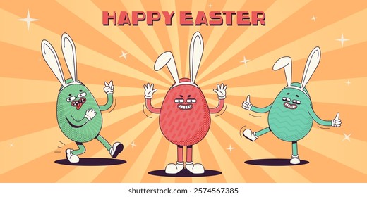 Trendy Groovy retro 70's Easter web banner with whimsical Easter eggs in bunny ears and happy Easter caption. Quirky old vintage cartoon characters and elements.