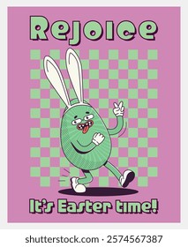 Trendy Groovy retro 70s easter posters with Gloved egg in bunny ears and inscription rejoice it's easter time. Quirky old vintage cartoon characters and elements.