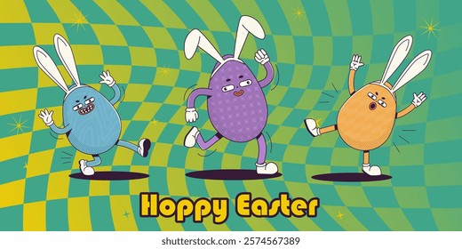 Trendy Groovy retro 70's Easter web banner with fancy Easter eggs in bunny ears and hoppy Easter caption. Quirky old vintage cartoon characters and elements.