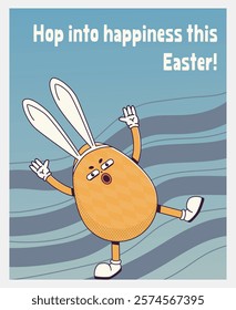 Trendy Groovy retro 70s Easter web banner with quirky Easter eggs in bunny ears and hop into happiness this Easter inscription. Whimsical old vintage cartoon characters and elements.