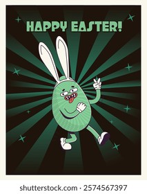 Trendy Groovy retro 70s easter posters with Gloved egg in bunny ears and inscription happy easter. Funky old vintage cartoon characters and elements.