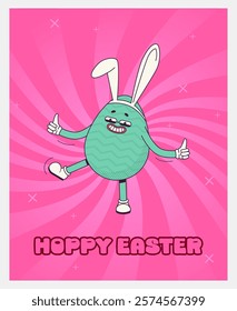 Trendy Groovy retro 70s easter posters with Gloved egg in bunny ears and inscription hoppy easter. Quirky old vintage cartoon characters and elements.