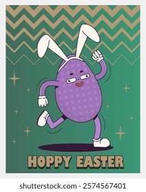 Trendy Groovy retro 70s Easter web banner with quirky Easter eggs in bunny ears and Hoppy Easter inscription. Whimsical old vintage cartoon characters and elements.