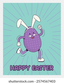 Trendy Groovy retro 70s easter posters with Gloved egg in bunny ears and inscription happy easter. Quirky old vintage cartoon characters and elements.