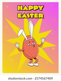 Trendy Groovy retro 70s Easter web banner with quirky Easter eggs in bunny ears and happy easter inscription. Whimsical old vintage cartoon characters and elements.