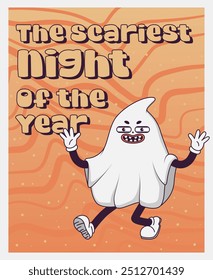  Trendy  Groovy retro 70s Halloween posters with Gloved ghosts and inscription The Scariest Night of the Year. Funky old vintage cartoon characters and elements. 