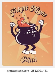  Trendy  Groovy retro 70s Halloween posters with Gloved potion cauldron and inscription Fright Night Fun . Funky old vintage cartoon characters and elements. 