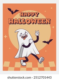  Trendy  Groovy retro 70s Halloween posters with Gloved ghosts and inscription Happy Halloween. Funky old vintage cartoon characters and elements. 