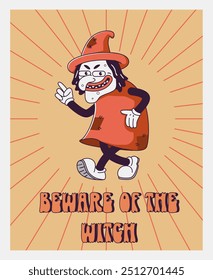  Trendy  Groovy retro 70s Halloween posters with Gloved evil witch and inscription beware of the witch. Funky old vintage cartoon characters and elements. 