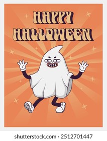  Trendy  Groovy retro 70s Halloween posters with Gloved ghosts and inscription Happy Halloween. Funky old vintage cartoon characters and elements.