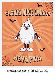  Trendy  Groovy retro 70s Halloween posters with Gloved ghosts and inscription Ghouls Just Wanna Have Fun. Funky old vintage cartoon characters and elements. 