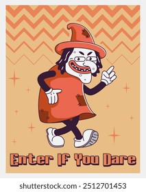  Trendy  Groovy retro 70s Halloween posters with Gloved evil witch and inscription Enter If You Dare. Funky old vintage cartoon characters and elements. 