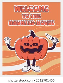  Trendy  Groovy retro 70s Halloween posters with Gloved evil pumpkin and inscription Welcome to the Haunted House. Funky old vintage cartoon characters and elements. 