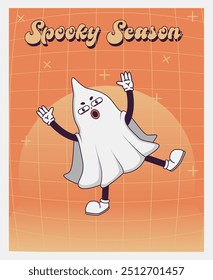  Trendy  Groovy retro 70s Halloween posters with Gloved ghosts and inscription Spooky season . Funky old vintage cartoon characters and elements. 