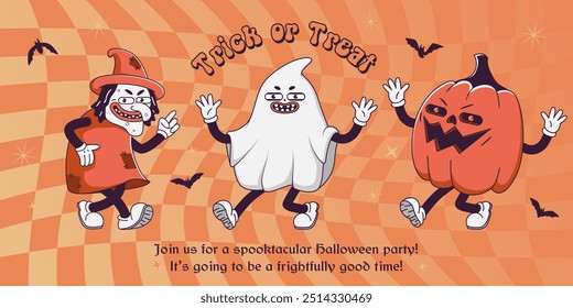  Anuncio de Web de Halloween retro Groovy de moda de los años 70 para fiesta con fantasmas guantados, bruja, calabaza y truco o trato de inscripción. Funky viejos personajes de dibujos animados vintage y Elementos. 