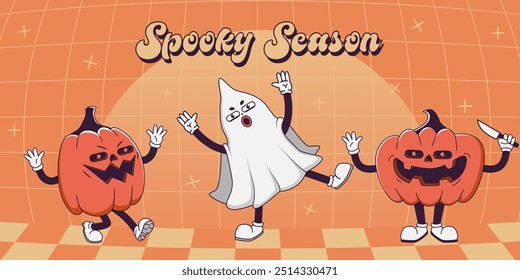  Trendy  Groovy retro 70s Halloween web banner for party with Gloved ghosts,  pumpkin and inscription spooky season. Funky old vintage cartoon characters and elements. 