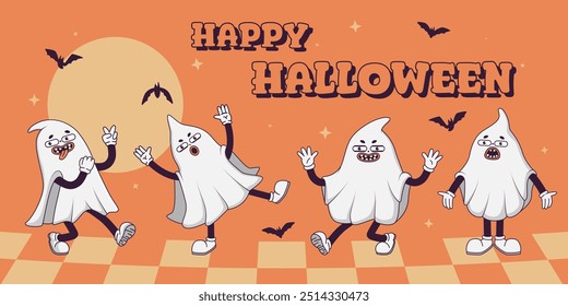  Trendy  Groovy retro 70s Halloween web banner with Gloved ghosts and inscription happy halloween. Funky old vintage cartoon characters and elements. 