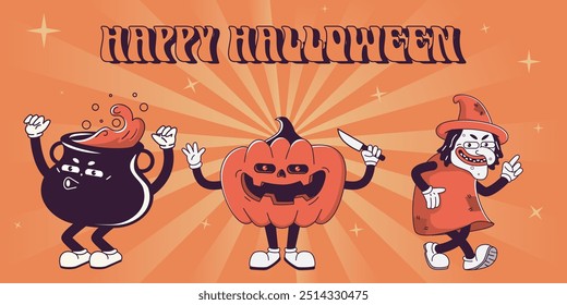  Trendy  Groovy retro 70s Halloween web banner with Gloved pumpkin, witch, potion cauldron and inscription happy halloween. Funky old vintage cartoon characters and elements. 