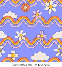 Trendy groovy retro seamless pattern with wavy geometric rainbow, white clouds and daisy flowers. Summer sky background. Linear flat vector illustration.