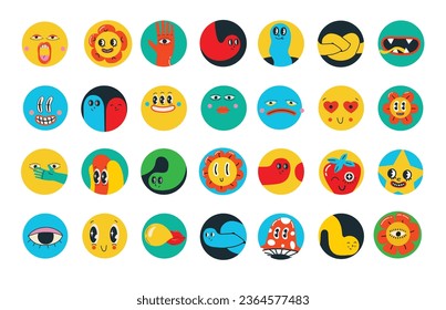 Trendy groovy round icons for social media stories. stickers set. Retro cartoon style with70s 60s aesthetics isolated elements. Vintage vector illustrations.