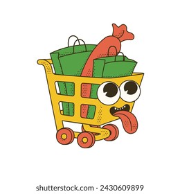 Trendy groovy sale promo character of shop cart with bags. Isolated vector mascot on transparent background for your design