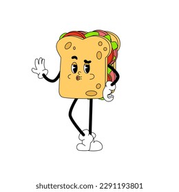 Trendy groovy sandwich. Happy hippie character in retro style. Yummy masctor sticker.