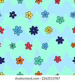 Diseño moderno y elegante para un diseño decorativo. Diseño psicodélico de los años 70 retro. Patrón floral sin fisuras. Impresión textil de verano abstracta floral vintage. Hippie estilo años 60 y 70. Fondo Groovy