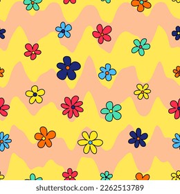 Trendy groovy seamless pattern for decorative design. Retro 60s 70s psychedelic design. Floral seamless pattern. Summer abstract floral textile vintage print. Hippie 60s, 70s style. Groovy background
