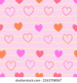 Trendy groovy seamless pattern for decorative design. Retro 60s 70s psychedelic design. Heart seamless pattern. Summer abstract heart textile vintage print. Hippie 60s, 70s style. Groovy background