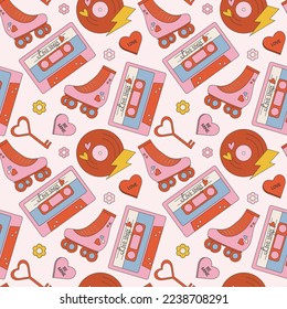 Trendy groovy seamless pattern with valentine's day elements. Retro aesthetic