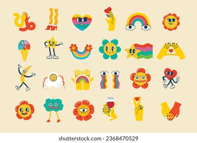 Trendy groovy sticker set. Retro cartoon style valentines day. 70s 60s aesthetics isolated elements. Vintage vector illustrations.