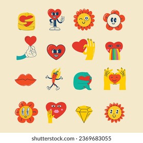 Trendy groovy sticker set. Retro cartoon style valentines day. 70s 60s aesthetics isolated elements. Vintage vector illustrations.