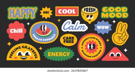 Trendy and groovy stickers, patch, badges with good tones vibes words. Collection of colorful funny shape character.
