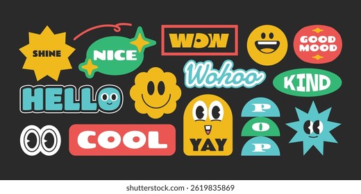 Trendy and groovy stickers, patch, badges with good tones vibes words. Collection of colorful funny shape character.