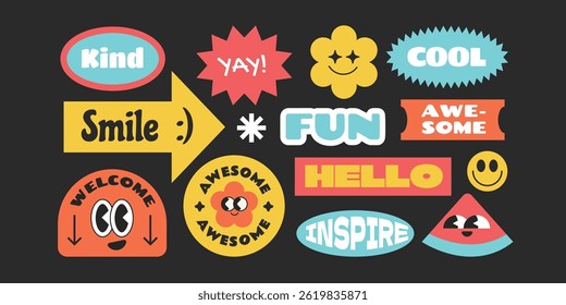 Trendy and groovy stickers, patch, badges with good tones vibes words. Collection of colorful funny shape character.