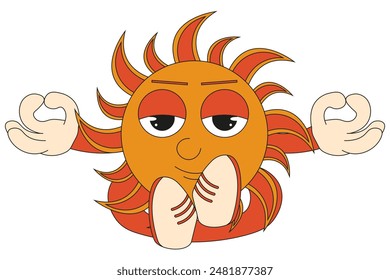Trendy Groovy style design SPF protect symbol isolated white. Meditating Sun. Simple liimited color palettes stylish Solar system character. Pastel color vector illustration. Editable stroke. EPS 10
