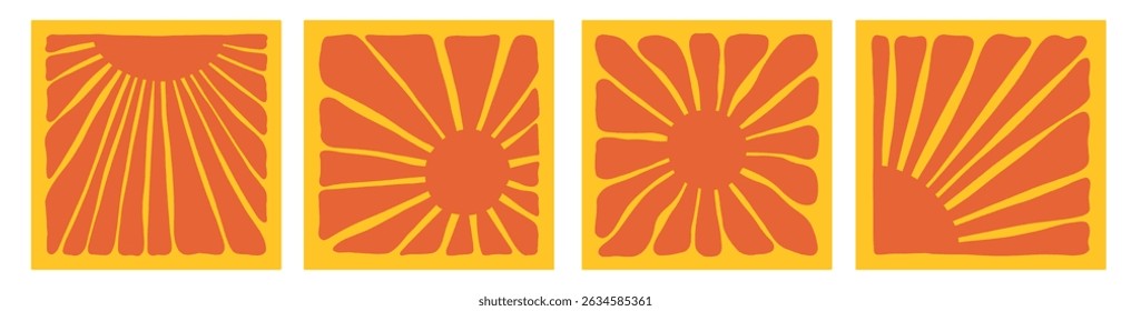 Trendy groovy sun collection. Red hot ray pattern set. Retro summer background
