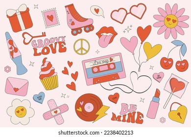 Trendy groovy valentines day sticker set. Retro valentines day. 70s 60s aesthetics. Vintage vector. 