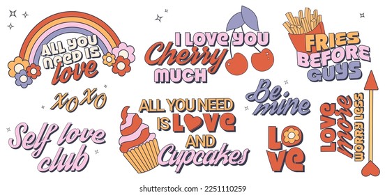 Trendy groovy valentines day sticker set. Retro valentine's day sayings. 70s 60s aesthetics. Vintage vector.